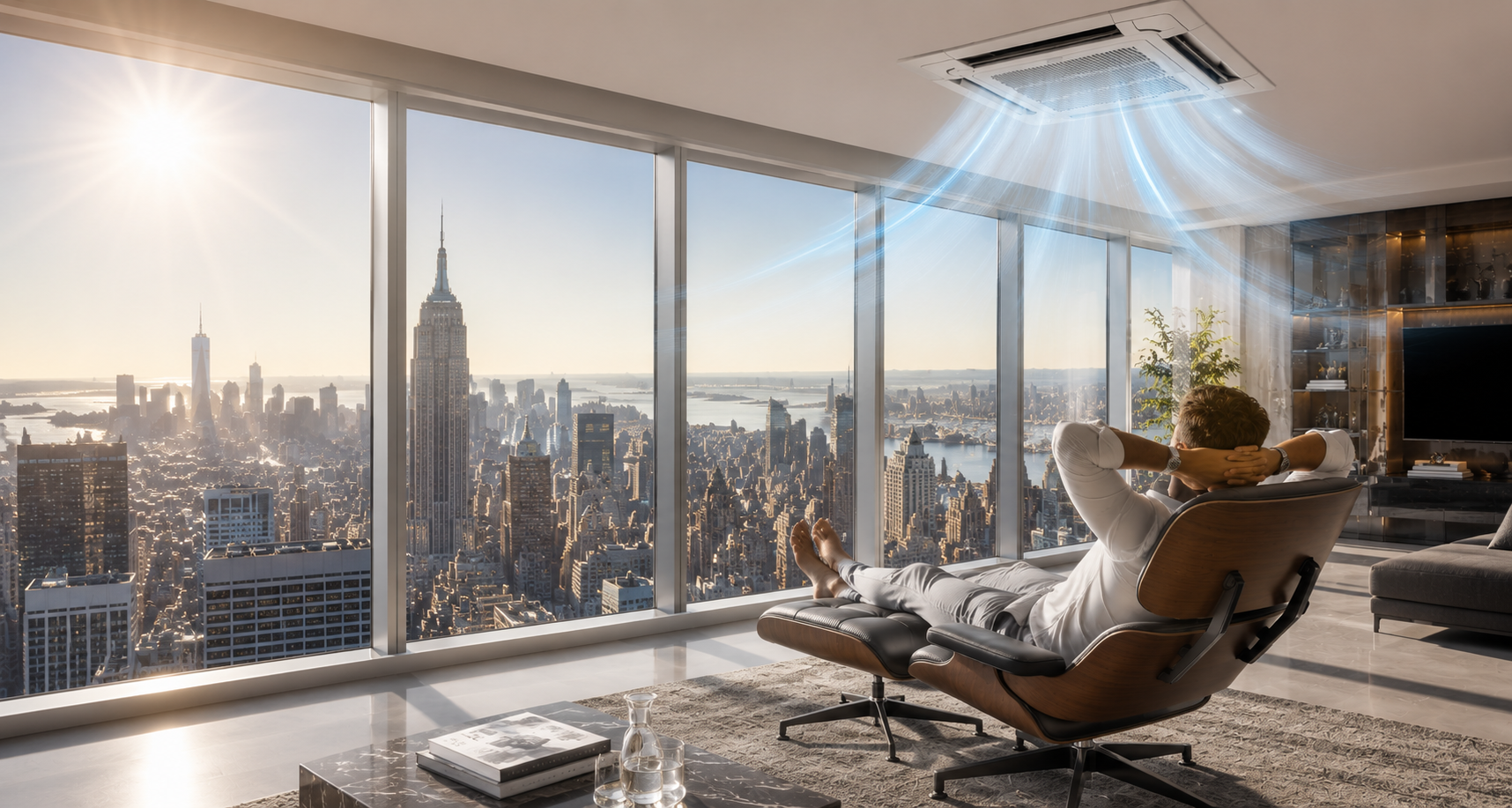 Luxury New York City apartment interior with ceiling HVAC airflow and skyline views
