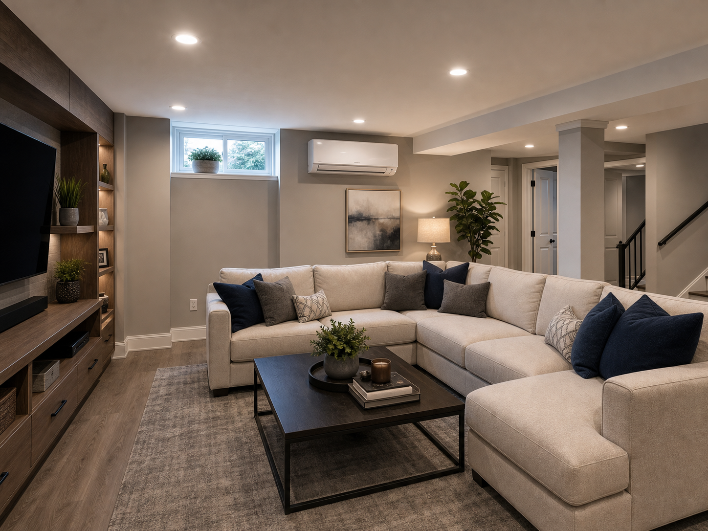 Finished basement lounge with a visible wall-mounted A/C unit