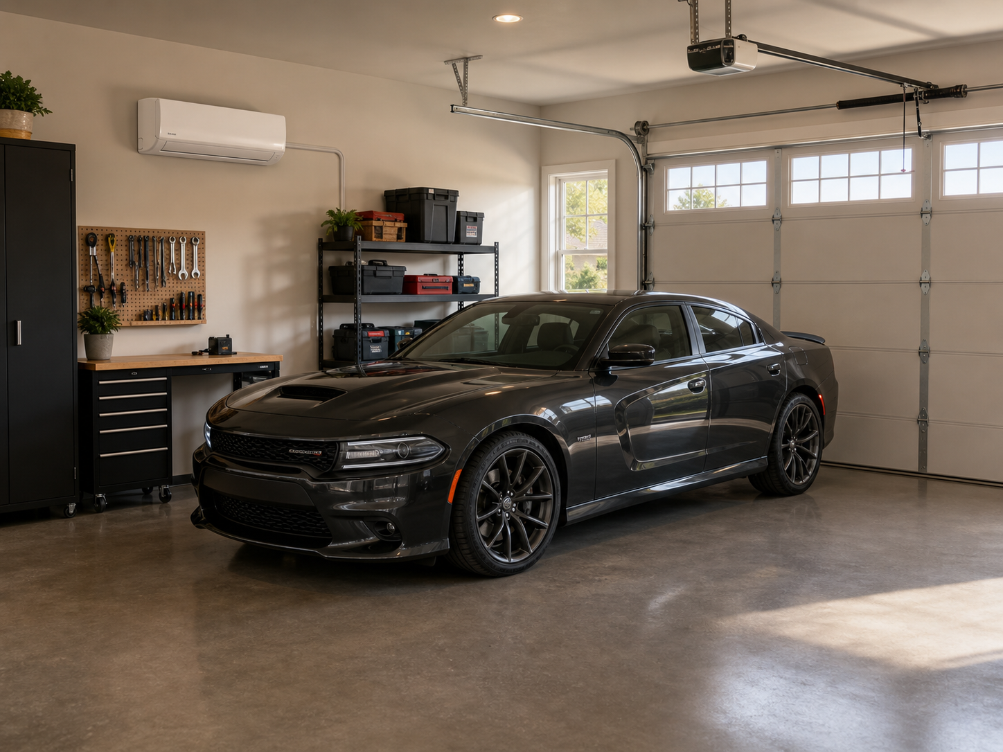 Residential garage with a Dodge Charger and a visible wall-mounted A/C unit