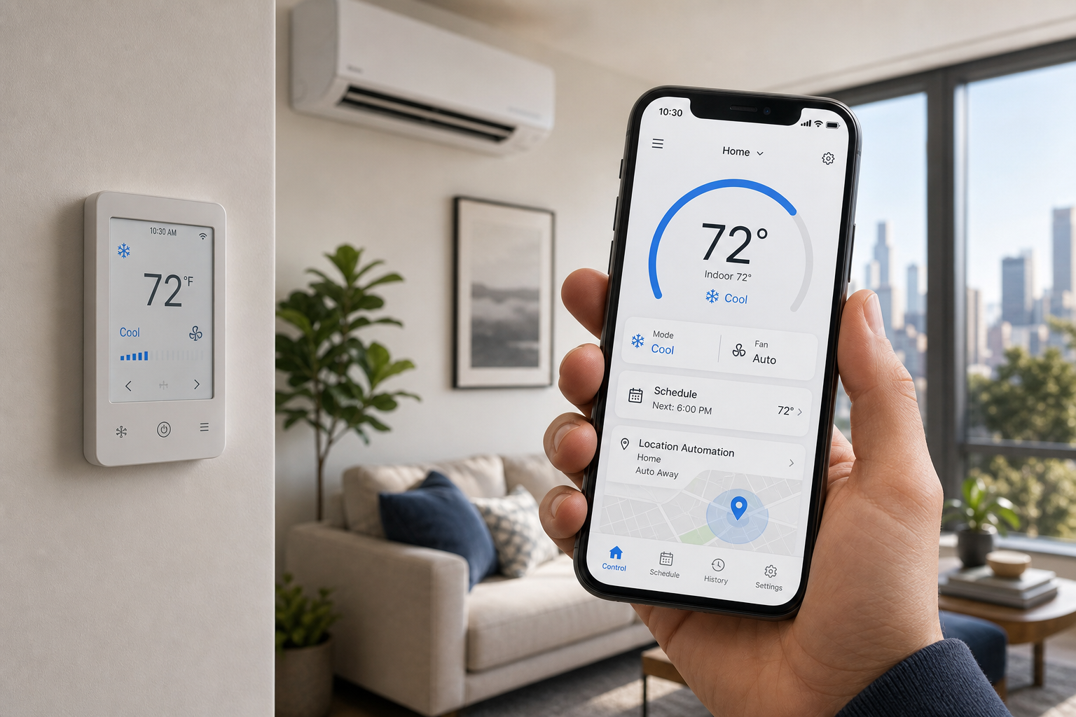 Smartphone HVAC app controlling A/C with a wall control unit nearby